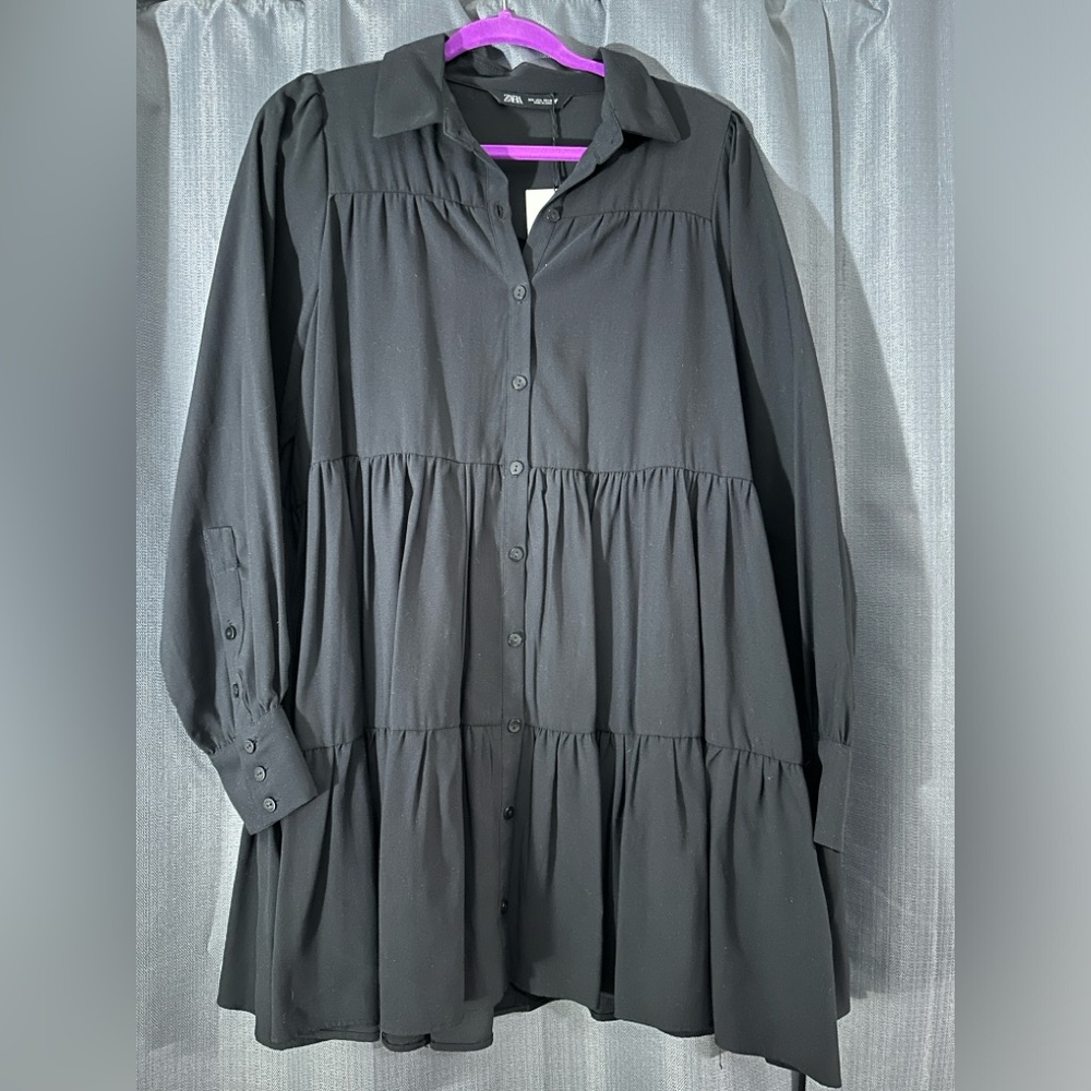 Zara Black Tiered Button Front Shirt Dress